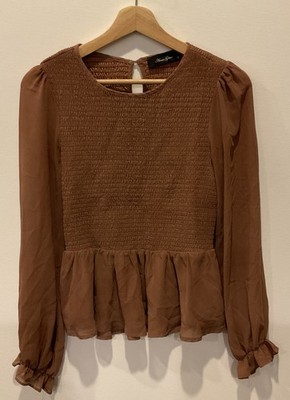 Women s Anna Grace Brown Long sleeve Smocked Lined Sheer Sleeve 