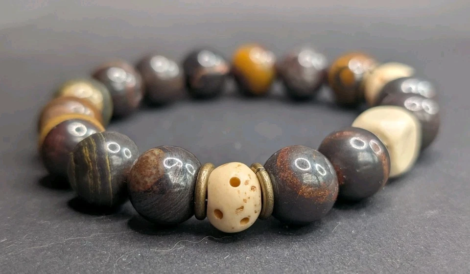 Pulsera elástica unisex marrón con cuentas de 10 mm piedras preciosas terrosas (17 cm) S/M Foto 3 de 4