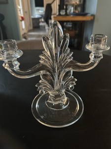 PAIR (2) VINTAGE INDIANA GLASS CLEAR CRYSTAL FLAME DUAL/DOUBLE CANDLE HOLDERS