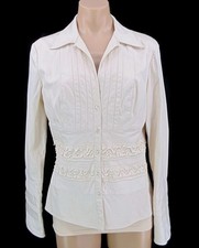 Kay Unger Beige Stretch Blazer 12 V Neck Collar Pleated Ribbon Trim Waist Flared