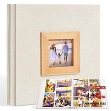 Photo Album 4x6 with Wooden Framed Window, Large Capacity 600 Pockets Beige