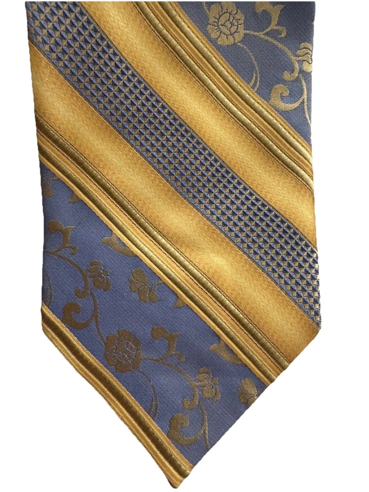 Галстук мужской Dona Dona 100% шелк ручной работы золотисто-синяя диагональная полоса повторяется 59 дюймов x 4 дюйма - Изображение 2 из 4