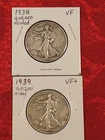 1938 & 1939 Lower Mintage Walking Liberty Half Dollars, VF/VF+ Condition