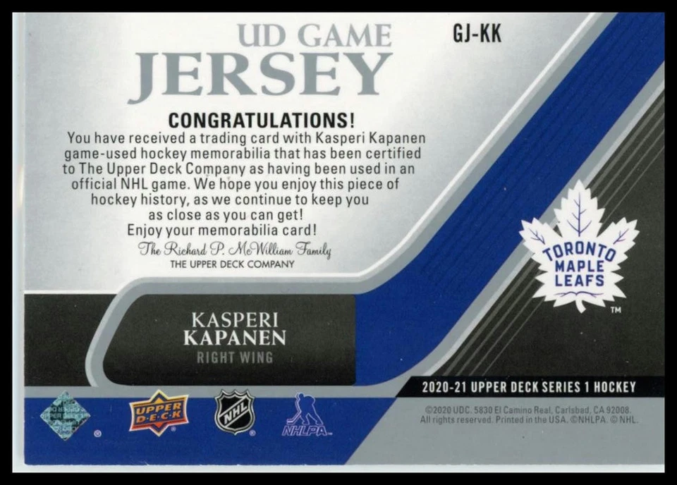 Kasperi Kapanen - 2020-21 Upper Deck UD Game Jersey #GJ-KK Toronto Maple Leafs - Image 2 of 2