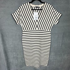 Saint James Dress Womens 10 Blue Cream Striped Short Sleeve V Neck Quiet Luxury