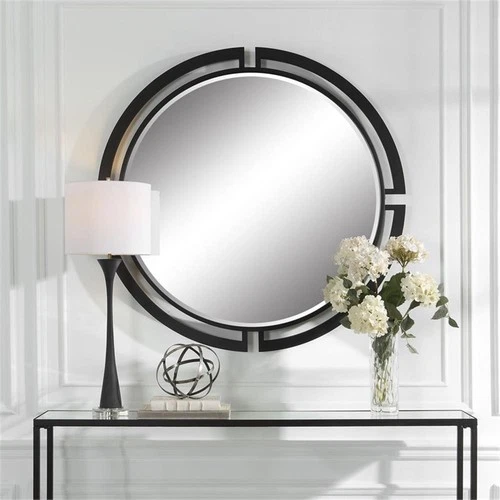 Uttermost Quadrant Round Contemporary MDF and Metal Mirror in Black - Picture 2 of 6