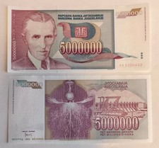 Yugoslavia 5000000 5.000.000  Dinara 1993 P#121  UNC Prefix AA Tesla