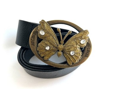 Just Cavalli Butterfly Belt Black Leather Gold Buckle Crystals Italy 85cm
