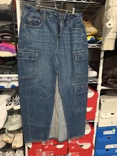 American Eagle Outfitters Women's Blue Denim Cargo Long Skirt Size 4 Zip Pockets