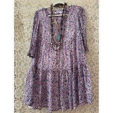Boho Floral Print Mini Dress Pink Blue Bohemian Women's Size S
