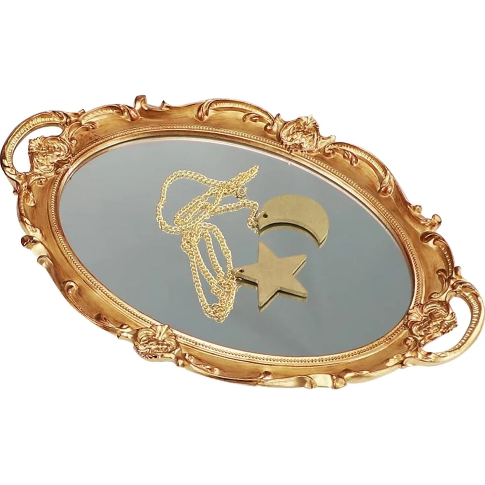 Vintage Parfüm Spiegeltablett Gold oval dekoratives Schmuck- und Kosmetiktablett