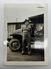 Vintage WWII Military Soldier Snapshot Photo Army Truck Jeep Uniform 3.75x2.5