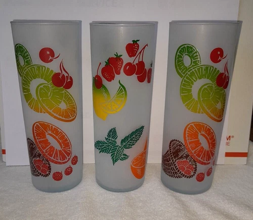 3 Federal Frosted Fruit Tom Collins Tumblers Glasses / Barwar Vintage MCM