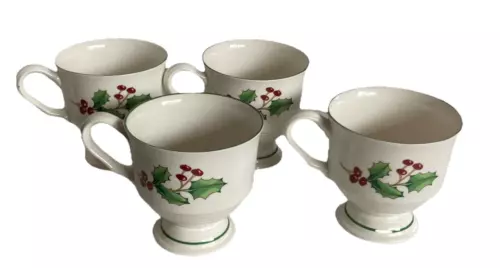 Set of 4 White Christmas by Sango Green Holly Red Berries Pedestal Mugs