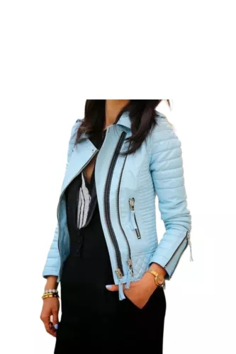 Women's Quilted Motorcycle Jacket 100% Real Lambskin Leather Blue Biker Jacket