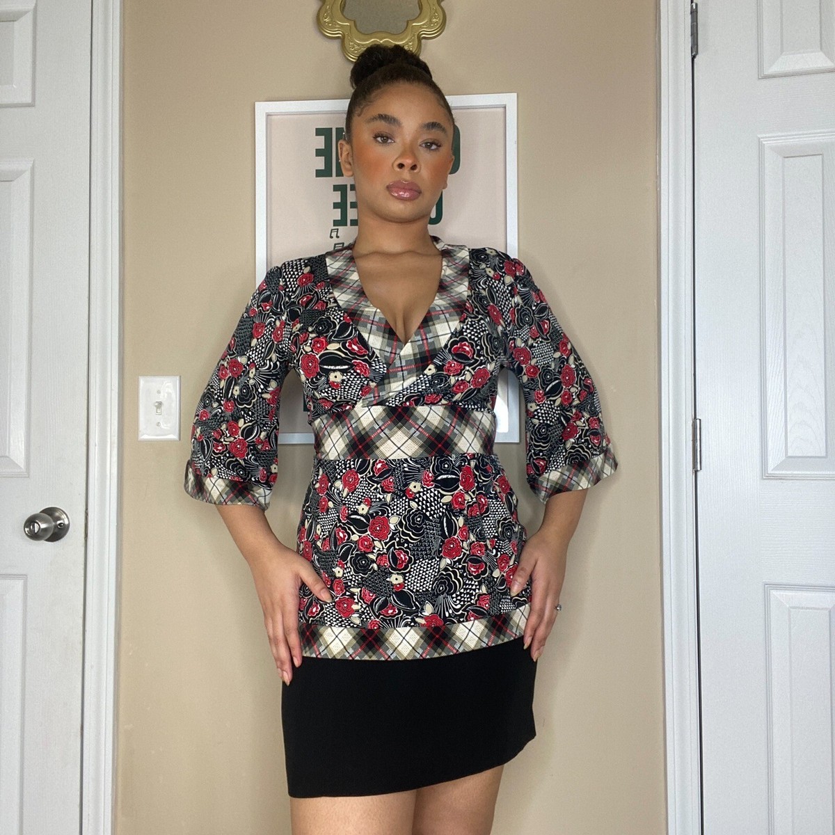 Suzie in the City Vintage 90s/Y2k Floral/Plaid Blouse Size: Medium