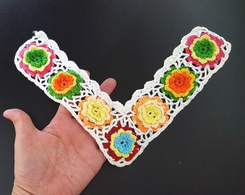 1 pc White & Multi Color Hand Knit Cotton Crochet Neckline Collar Appliques A208 - Picture 2 of 6