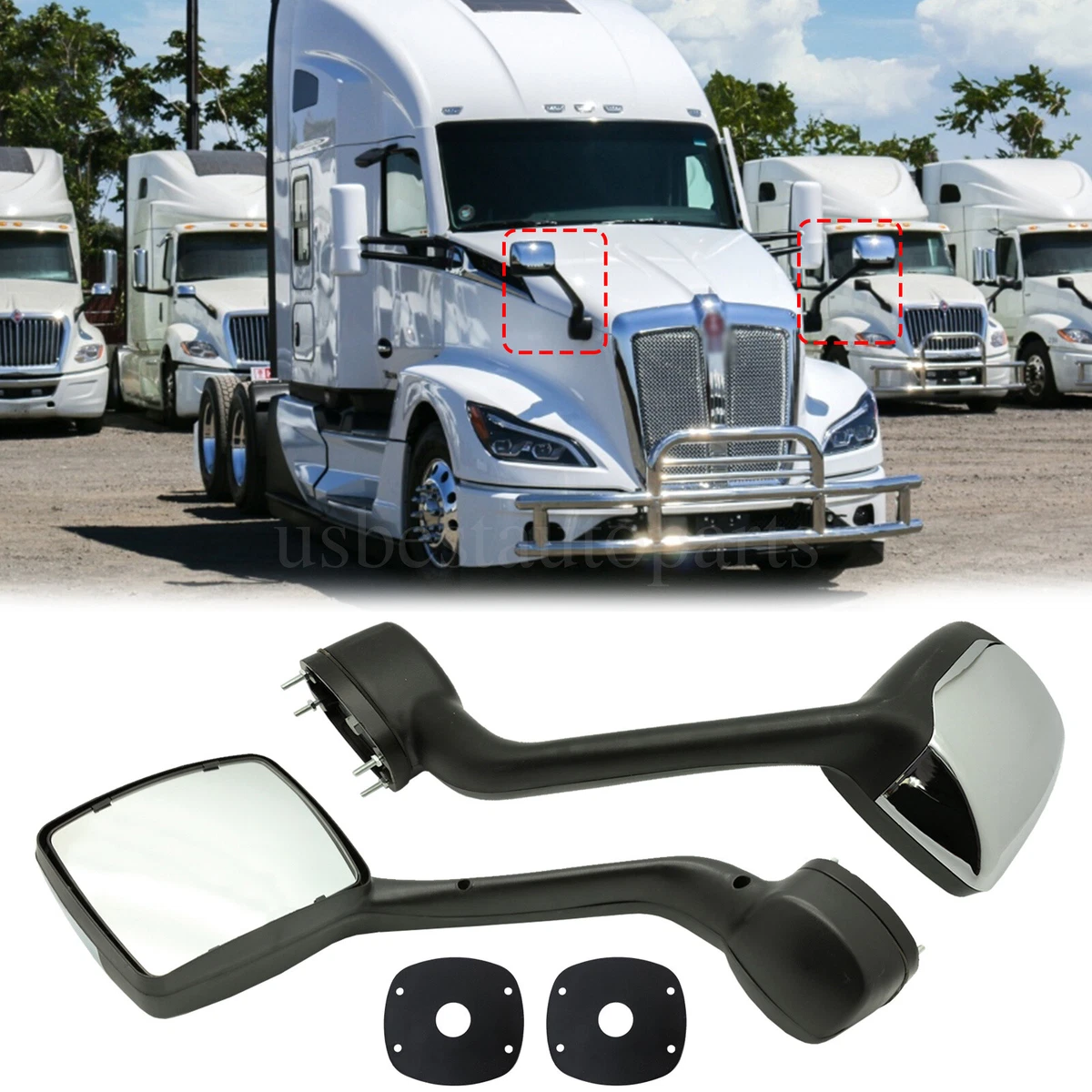 Front Hood Mirror LH+RH Chrome Cover fit for Kenworth T680  