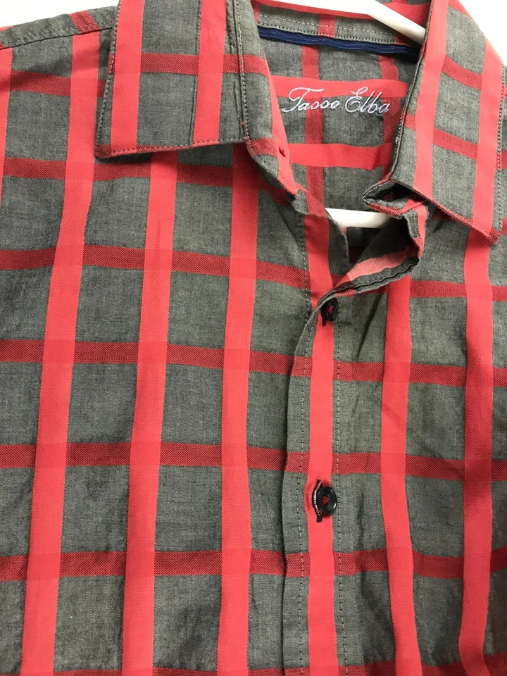 Tasso Elba Shirt Men's Size M 15-15.5 Red Gray Button Up Checkered Long Sleeve - Imagem 3 de 4