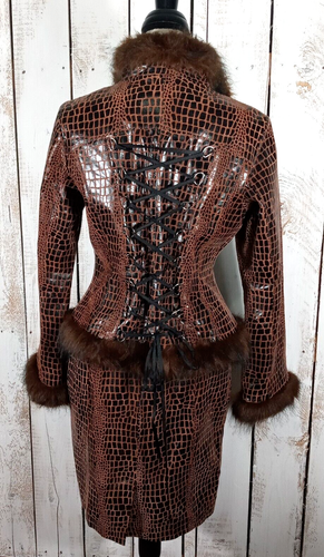 Vtg Wilsons Embossed Leather 2PC Jacket & Skirt Sz 6 Faux Fur Trim Corset Back