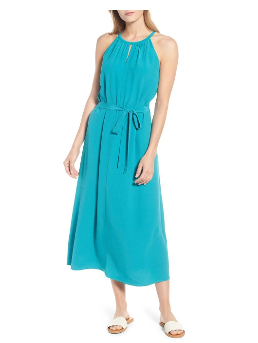 eileen fisher halter dress Tencel Crepe Belted Maxi Size XS Turquoise Halter neck