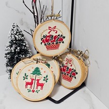Vintage Handmade Needlepoint Cross-stitch 3" Christmas Basket Reindeer Ornaments