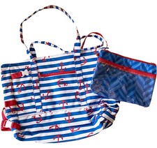 Laura Ashley Large Seaside Beach Bag Tote Navy Sailor Nautical Anchors Large 17”