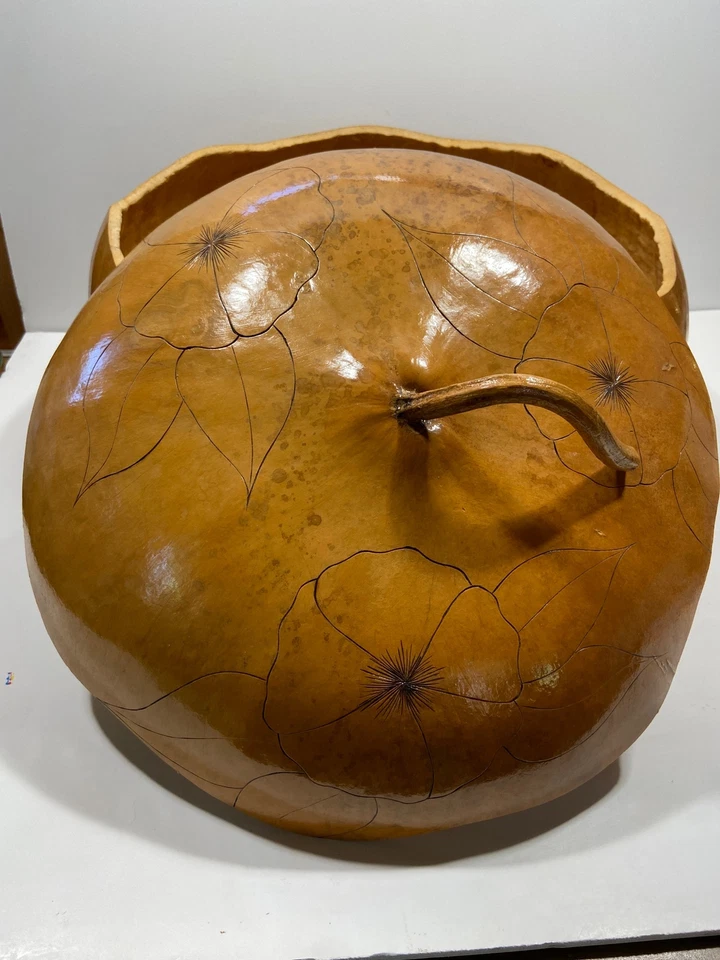 Large Gourd Bowl with Lid 16” Handcarved Etched Flowers Leaves Huge - Image 4 of 4