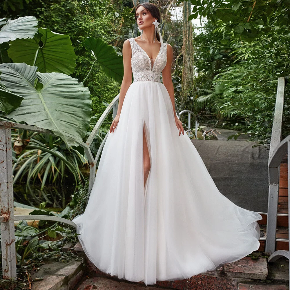 Simple Wedding Dresses Lace Line V Neck Chiffon Beach Bridal Dress