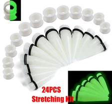 12-24PCS Large Ear Stretching Kit Acrylic Luminous Taper&Silicone Tunnels Set