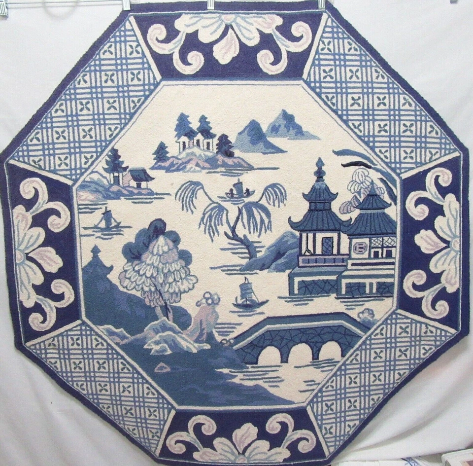 CAPEL Porcelain Chinese Blue Pagoda 4-Foot Octagon Wool Rug - Image 2 of 4