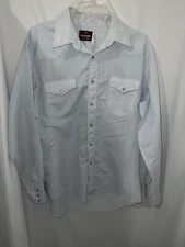 Mens Wranger Western Long Sleeve Light Blue Shirt Pearl Snaps Size Large Starch