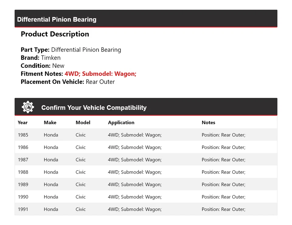 Cojinete de piñón diferencial trasero exterior Timken 1986 para Honda Civic 1985-1991 Foto 2 de 4