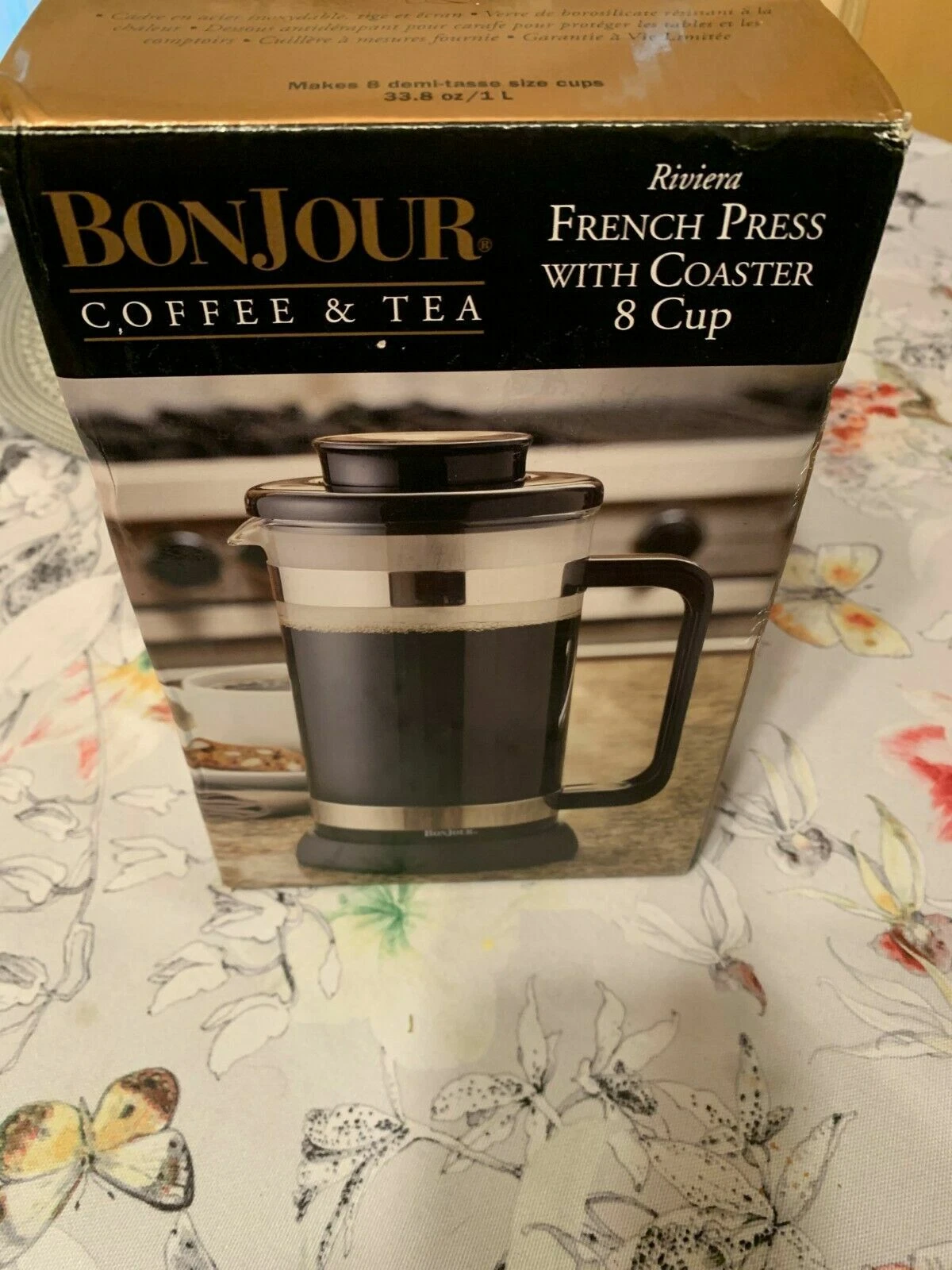 BonJour Coffee Borosilicate Glass French Press with Coaster & Scoop, 33.8-Ounce