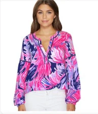 EEUC Lilly Pulitzer Kalissa Tunic Top Blouse Shirt Blue Paradise Point Sz MEDIUM