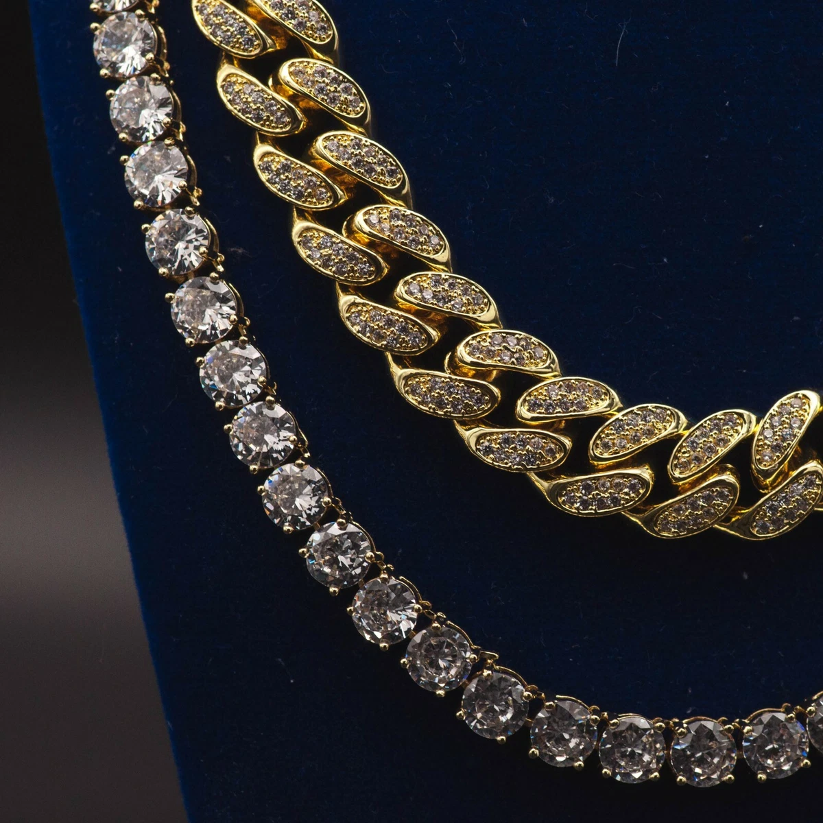 Mens Miami Cuban Link Chain Diamond Tennis Chain Real 18k Yellow Gold Solid