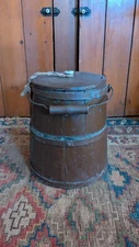 Antique Early Primitive Wood Piggin Storage Firkin Bucket w/ Lid Old Paint 11"