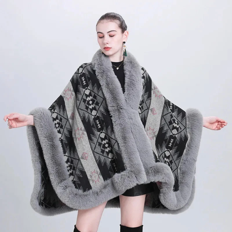 Knit Jacquard Faux Fur Cape Overcoat Autumn Winter Women Cardigan Cape Coat - Image 3 of 4