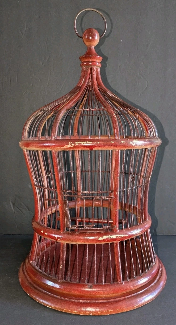 Vintage Wood & Wire 18.5" Bird Cage w/Swing, Sit or Hang