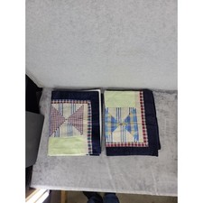 2 Vintage Quilt Pillow Sham Set Navy Blue Plaid Patchwork Cotton 21" x 27"