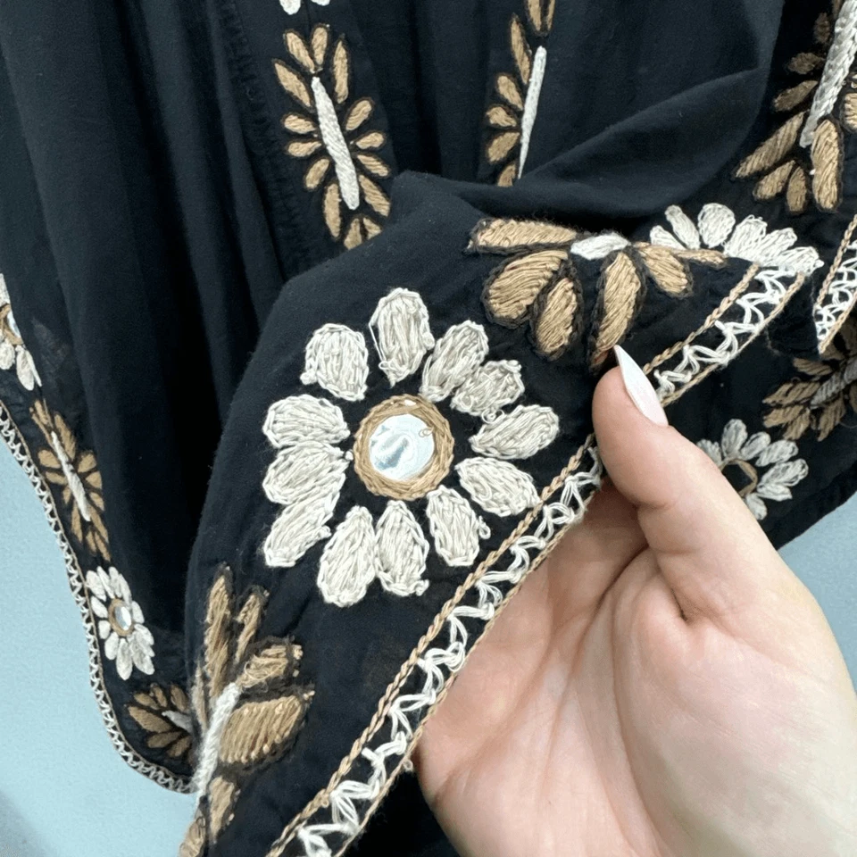 Cárdigan Anthropologie Raga Mujer Negro Floral Bordado Frente Abierto Kimono Me Foto 4 de 4