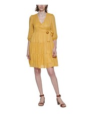 CALVIN KLEIN Womens Yellow Tie Lined 3/4 Sleeve Faux Wrap Dress 10