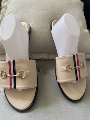 Gucci Women s Beige Slide Sandals Horsebit Striped Accent Slip On Leather 40 