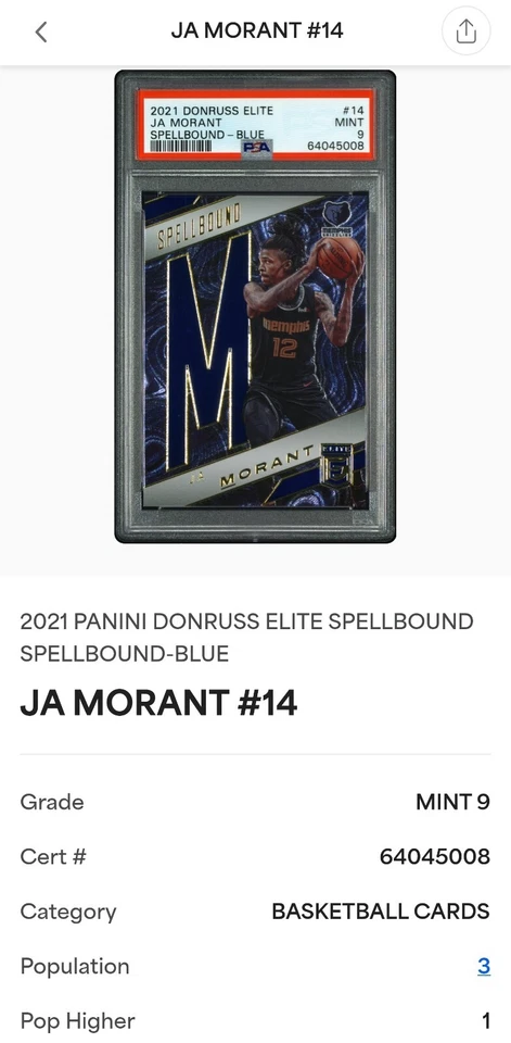 2021 Donruss Elite Ja Morant Spellbound Blue /99 #14 PSA MINT 9 - Image 3 of 3
