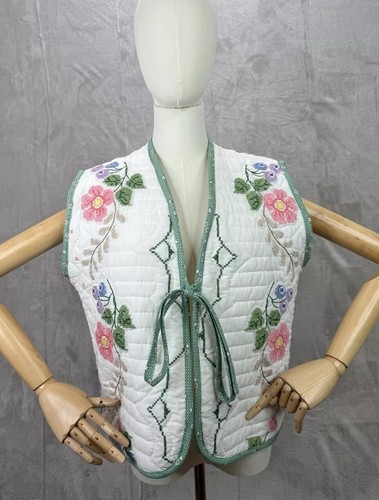Mentorsilly Upcycled Reclaimed Crossstitch Quilt Vest with Tie From Size Large
