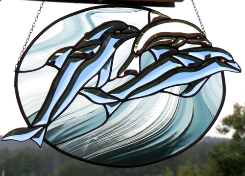 Bleiverglasung Fensterbild  Facetten- Delphin- Familie im Oval in Tiffany - Bild 14 von 15