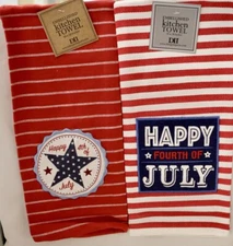 DII Design Imports Dish Towel Fourth of July Set 2 Happy Stars Stripes Red White