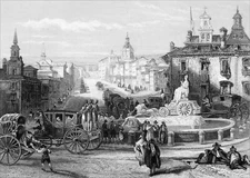 MADRID : STREET of ALCALA and the SQUARE of CYBELE in 19th - Engraving from 19th