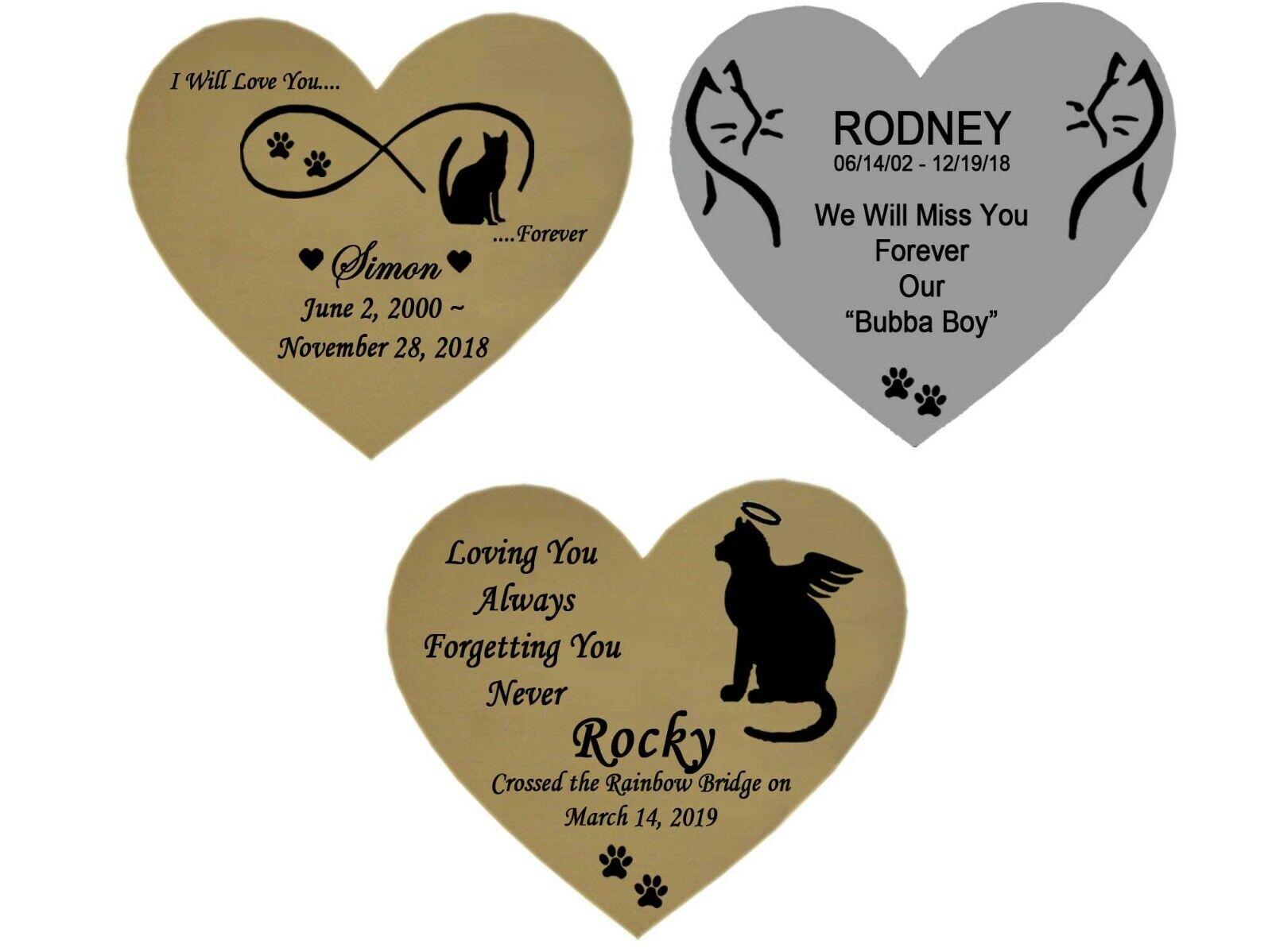 Cat Memorial Engraved Heart Shape Plates Pet Loss - Gold or Silver - 2 Sizes