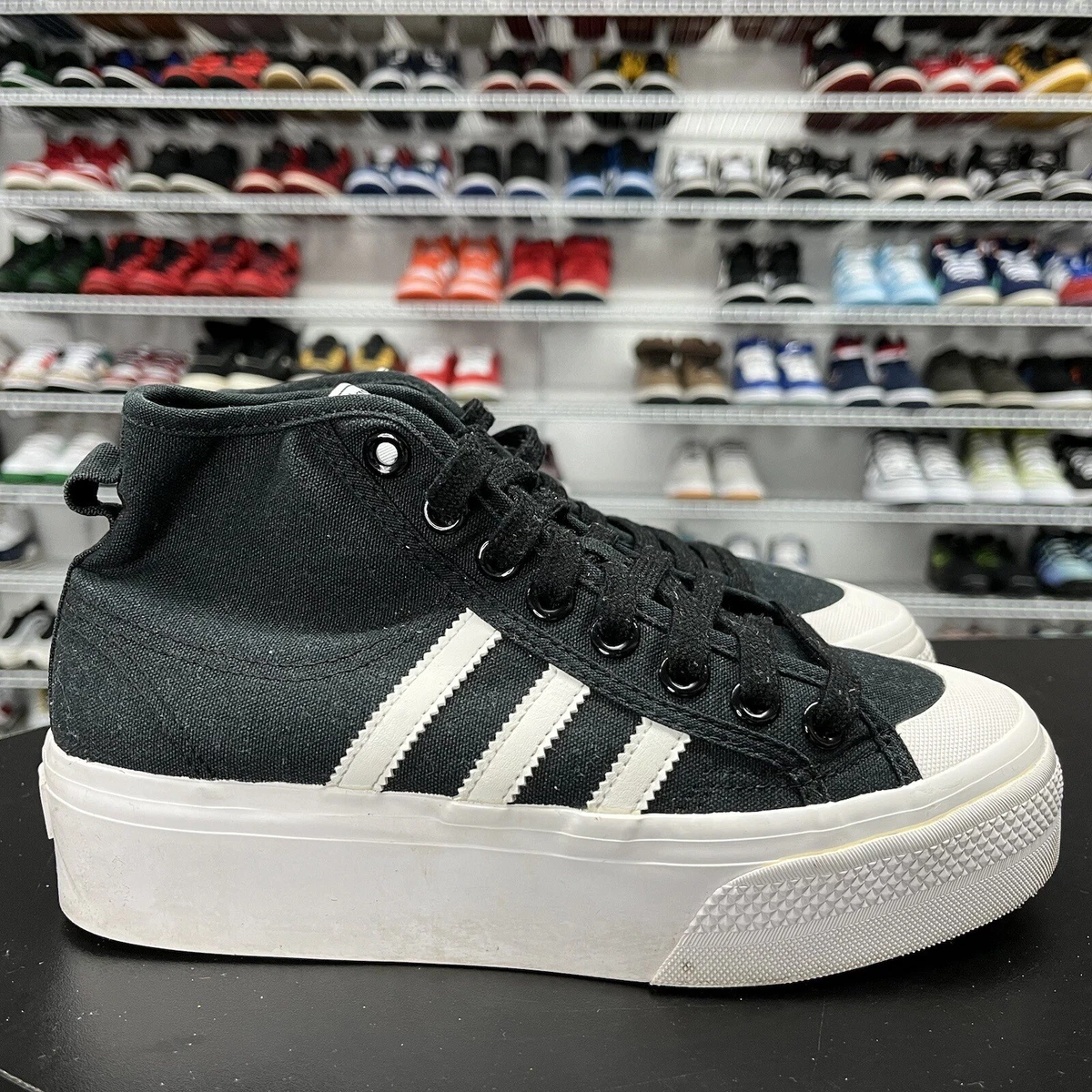 adidas gazelle silver green womens adidas Nizza Mid Platform High Top Sneaker in Core Black/White main image 0